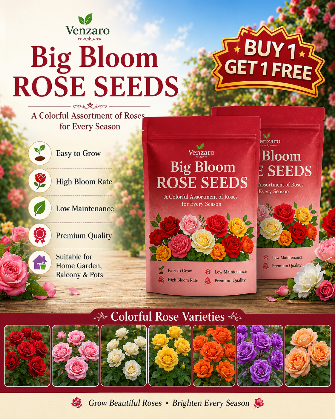 Big Bloom Rose Seeds (Pack of 2)